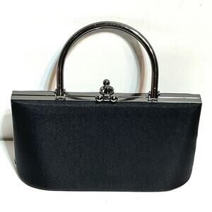 Preston & York wrist handbag black satin gunmetal gray handle clasp NO SHOULDER